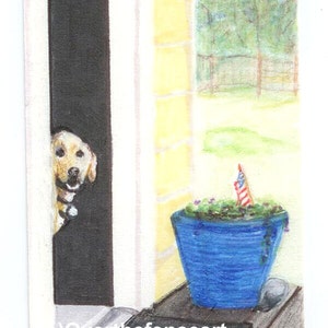 Patriottische kaart, gele labrador Fine Art-kaart, handgemaakte kaart, huisdierportret, kaart grappige hond, vuurwerk, blanco binnenkant voor je persoonlijke noot