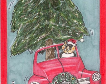 Funny Cat Christmas Card, Cat in Red Truck Delivers Christmas Tree, Cat in Santa Hat Card,blank inside for your personal note