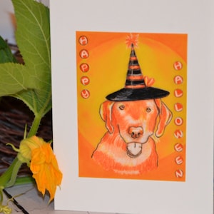 May include: A greeting card with an orange background and a cartoon dog wearing a witch's hat. The text "Happy Halloween" is written in orange letters on the card.