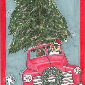 Calico Cat Art-kerstkaart, Kitty DRIVES IN CAR bezorgt de kerstboom voor je, blanco binnenkant voor je persoonlijke noot