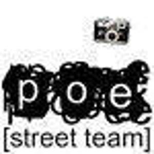 May include: Black and white graphic design with the word "poe" in a stylized font. The text "[street team]" appears below the word "poe". A small camera icon appears above the word "poe".