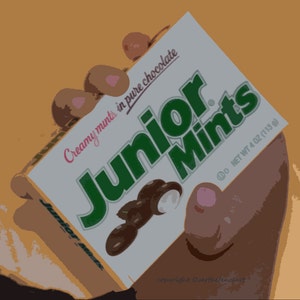 Pop art Wenskaart, JUNIOR MINTS, Snoepkaart, blanco binnenkant voor uw persoonlijke notitie