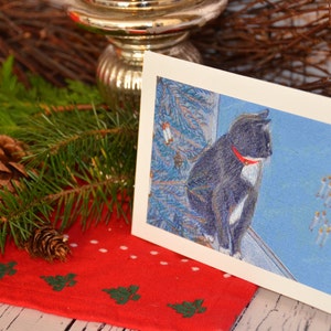 Cat Art Christmas Card, Cat next to Christmas tree waits by window for Santa to arrive image 2