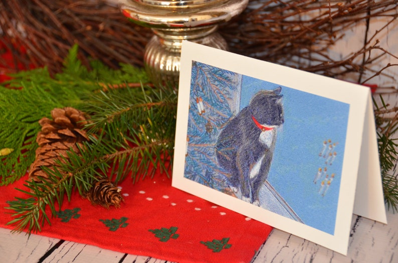 Cat Art Christmas Card, Cat next to Christmas tree waits by window for Santa to arrive image 2