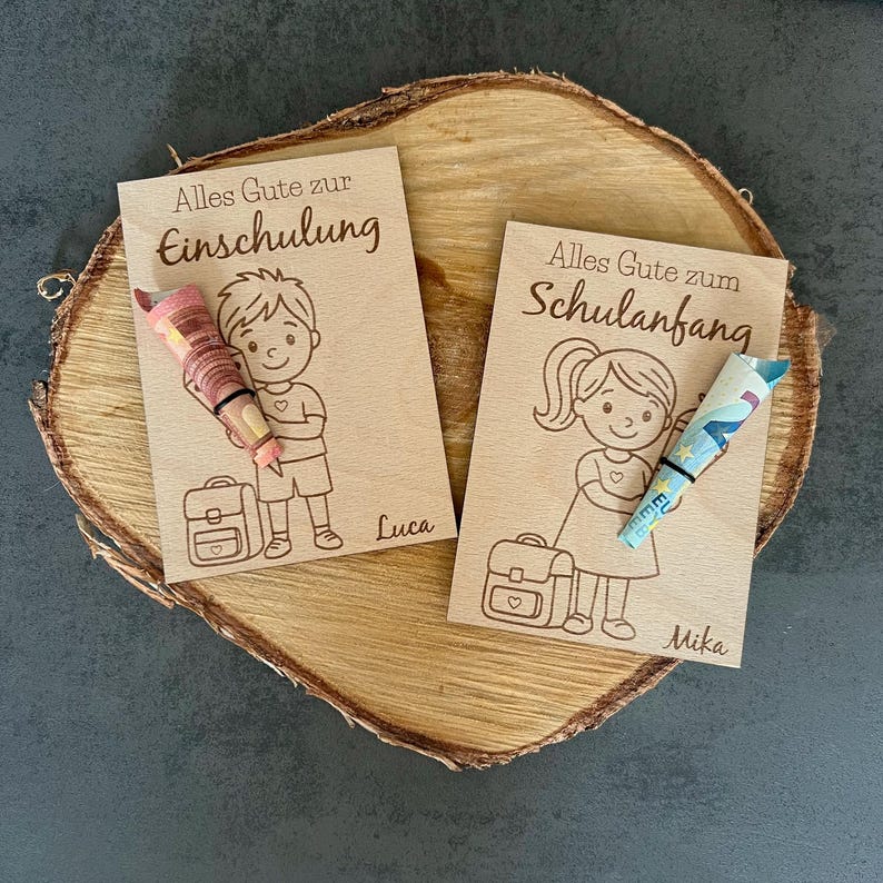 Karte aus Holz – Einschulung / Schulanfang