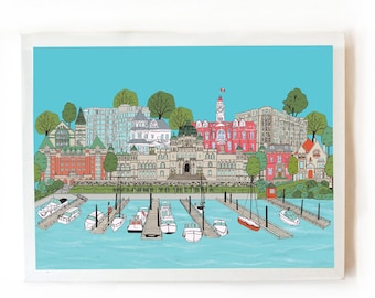May include: A colorful illustration of a harbor scene with boats docked at piers. Buildings of various architectural styles line the waterfront, with a bright blue sky overhead. Trees and a red building with a clock tower are visible.