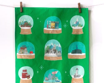 Green snow globe tea towel -Winter themed Tea towel