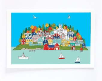 Lunenburg art print.  Illustrated costal scene of Nova Scotia, wall decor, Size 8 X 10 inches