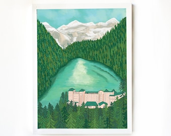 Lake Louise art print. Alberta wall art, illustrated print rocky mountains