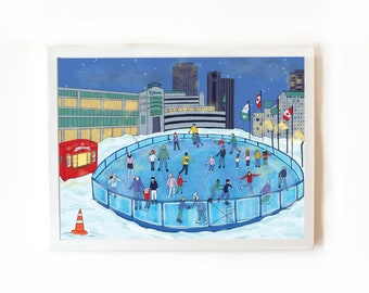 Ottawa's Rink of dreams skating scene, Winter skaters Ottawa city hall, Canadian art print.