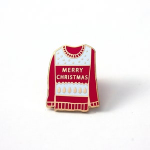 Christmas Enamel pin, Mini sweater pin, Christmas sweater label pin, gold plated label pin, holiday pin image 1