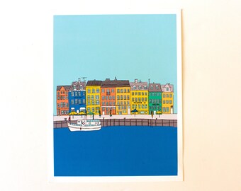 Copenhagen Denmark art print.  Illustrated city scape. Size 8 X 11 inches