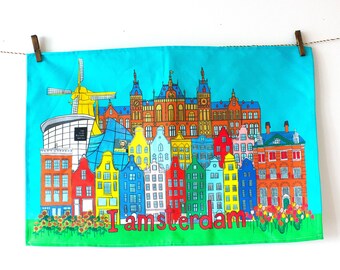 Amsterdam Tea Towel: Amsterdam city scape -Kitchen dish towel -Linge a vaisselle