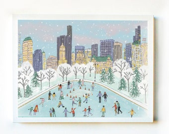Skating in Central park art print.  Wollman skating rink, New York winter art print