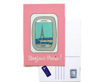 Paris Reise Postkarte, Ansichtskarte aus dem Flugzeug, Kleindruck