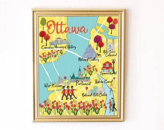 Ottawa illustrated map. Ottawa icons and landmarks city art print