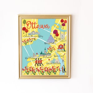Mapa ilustrado de Ottawa. Impresión de arte de la ciudad de iconos y monumentos emblemáticos de Ottawa