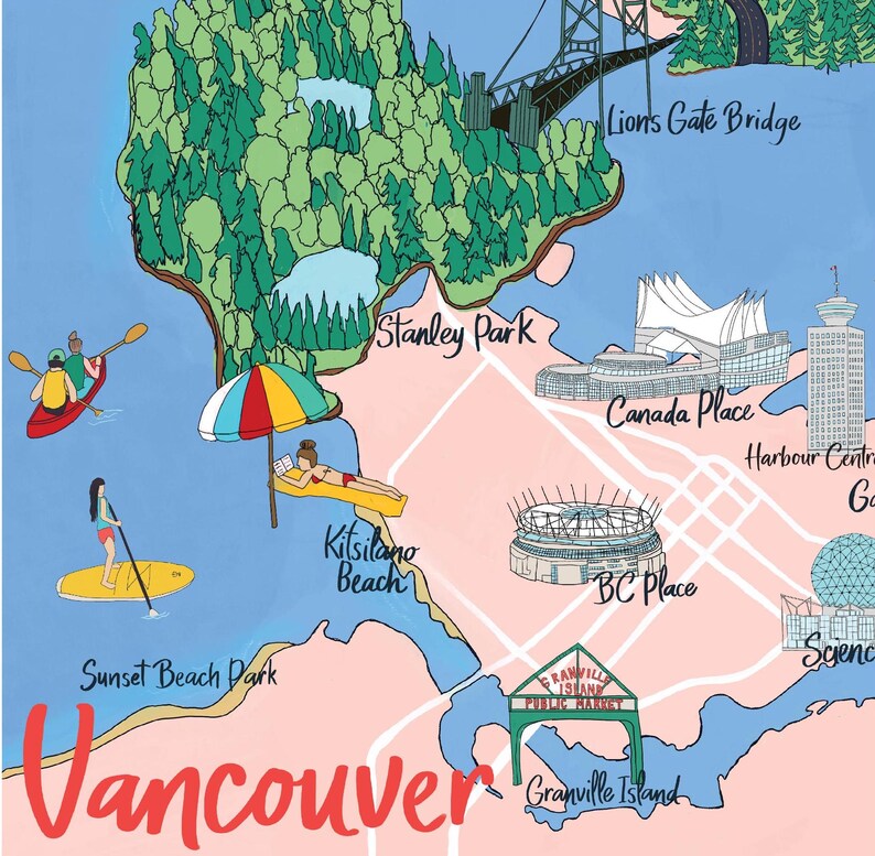 Vancouver Illustrated Map. Vancouver Icons and Landmarks City Art Print