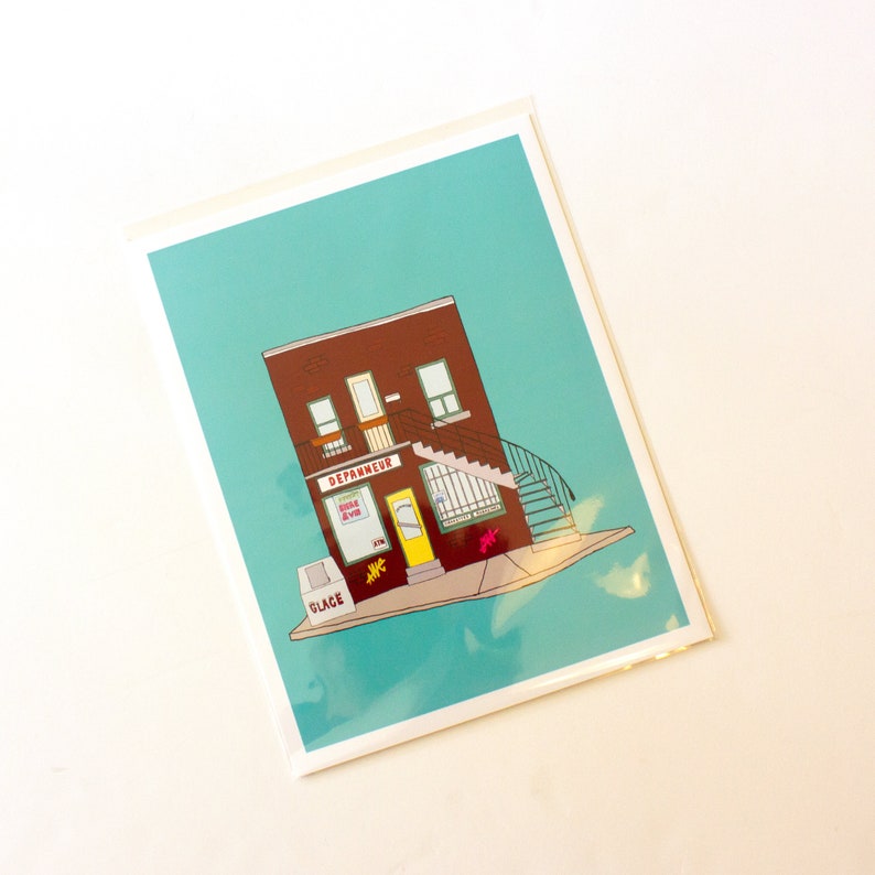 May include: A turquoise blue illustration of a brown brick building with a yellow door and a sign that reads "Depanneur" and "Juice Bar". The building has a small staircase leading up to the door. There is a red and white sign that reads "Glace" in front of the building.