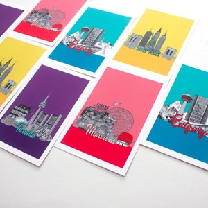May include: Set of 8 postcards featuring city skylines of Toronto, Montreal, Calgary, New York, with each postcard having a different background color. The postcards are printed on white cardstock.