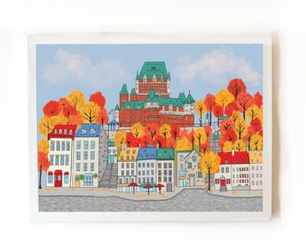 May include: A colorful illustration of a cityscape with a large building in the background. The city is filled with small houses and trees with red, orange, and yellow leaves. The sky is blue with white clouds.