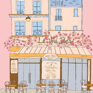 May include: A pink and yellow awning with the text "Le Vrai Paris" above a cafe storefront. The cafe has a sign that reads "Vrai Parisien Restauration" with the text "Produits frais & Fait maison a toute heure" below. There are tables and chairs outside the cafe.