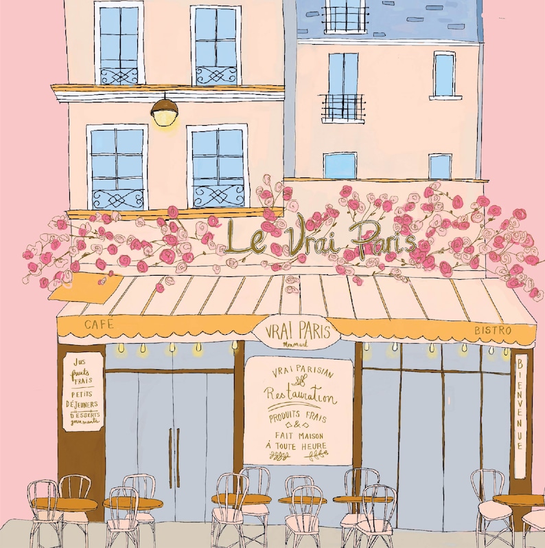 May include: A pink and yellow awning with the text "Le Vrai Paris" above a cafe storefront. The cafe has a sign that reads "Vrai Parisien Restauration" with the text "Produits frais & Fait maison a toute heure" below. There are tables and chairs outside the cafe.