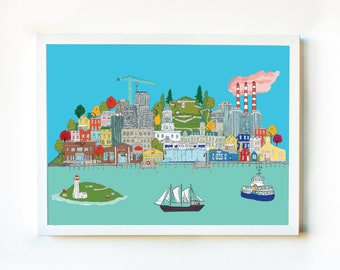 Halifax city scape art print.  Illustrated  Nova Scotia, wall decor, Size 8 X 10 inches