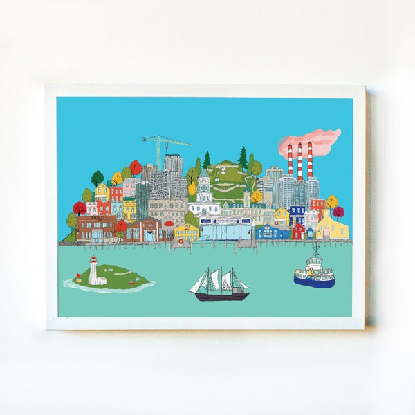 Halifax city scape art print.  Illustrated  Nova Scotia, wall decor, Size 8 X 10 inches