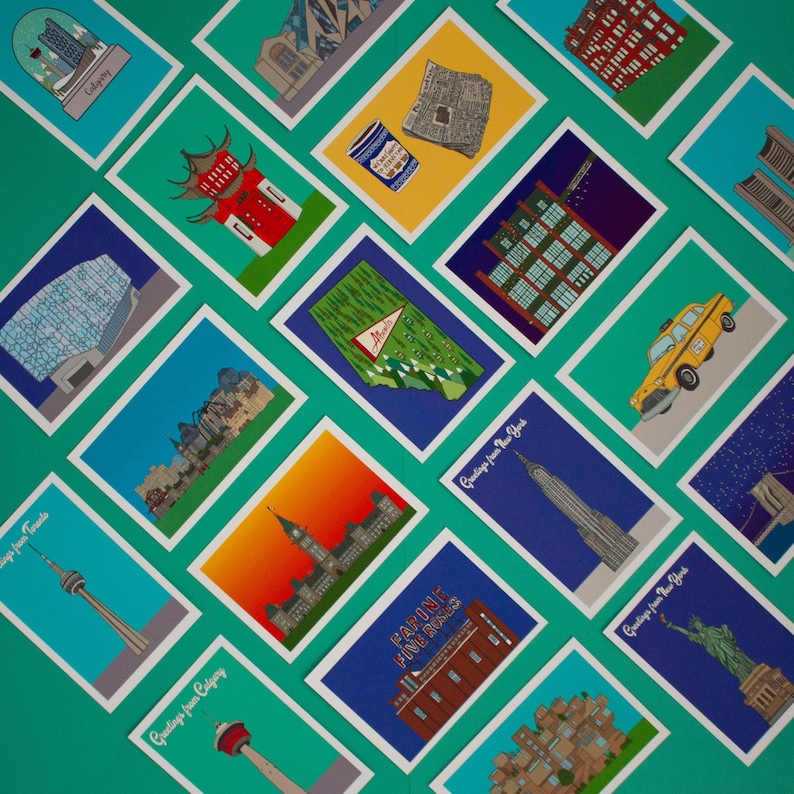 May include: A collection of colorful postcards featuring various landmarks and greetings from different cities across Canada. The postcards are arranged in a grid pattern on a teal background.