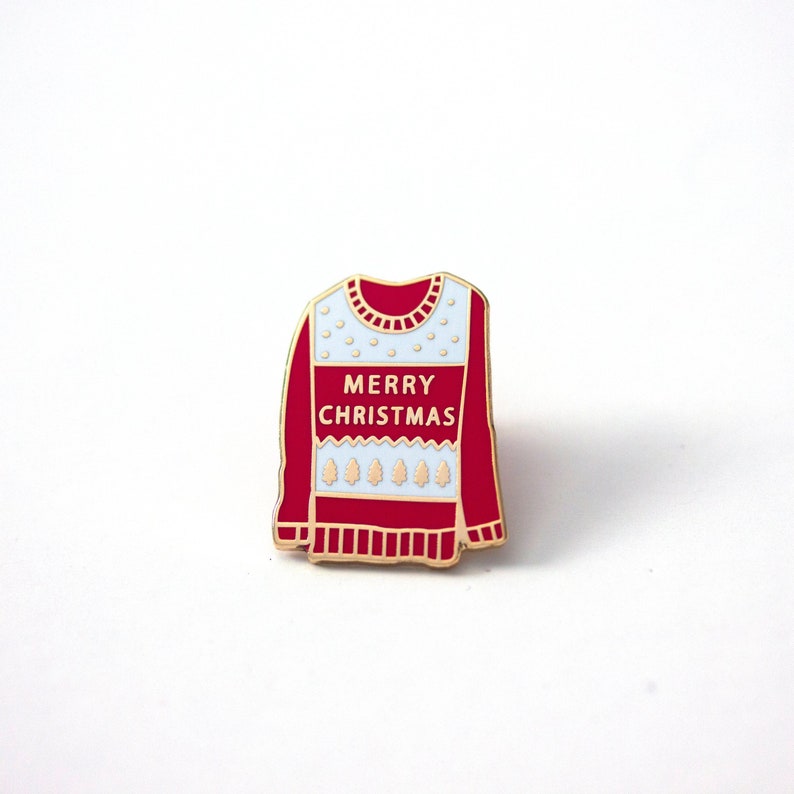 Christmas Enamel pin, Mini sweater pin, Christmas sweater label pin, gold plated label pin, holiday pin image 1