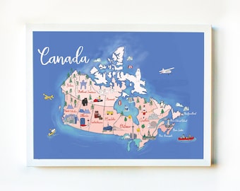 Canada map art print.  Illustrated maps, wall decor, Size 8 X 10 inches