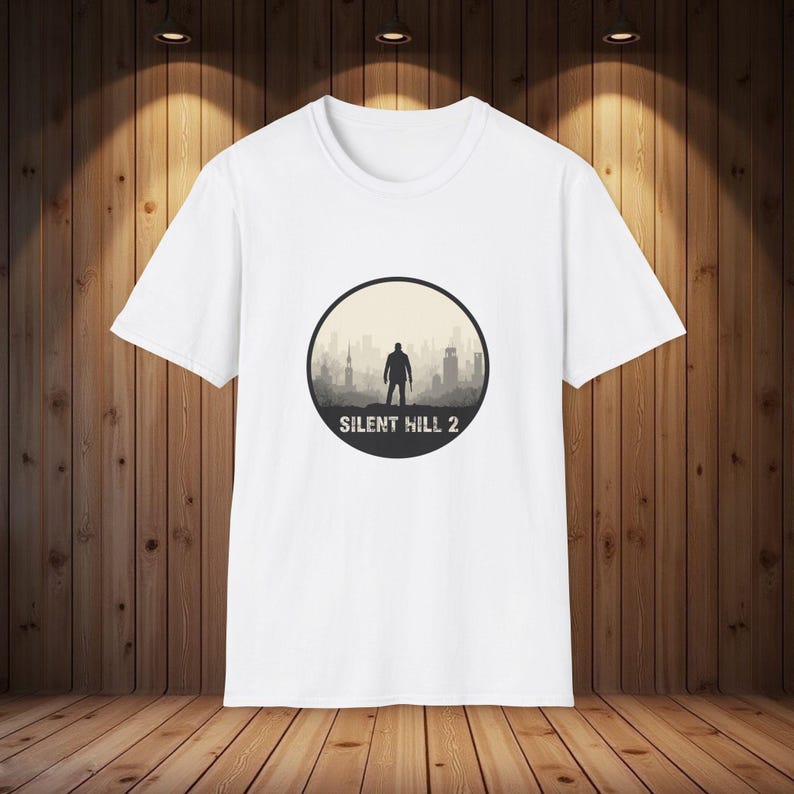 T-shirt Silent Hill 2, emblème d'horreur minimaliste, conception de silhouette de brouillard, t-shirt de jeu image 1