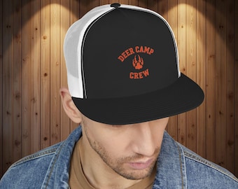 Deer Camp Crew Trucker Cap, Camouflage Outdoor Hat, Blaze Orange Embroidery