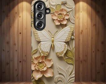 Telefoonhoesje met gouden accenten en vlinderbloemen, op de natuur geïnspireerd luxe ontwerp