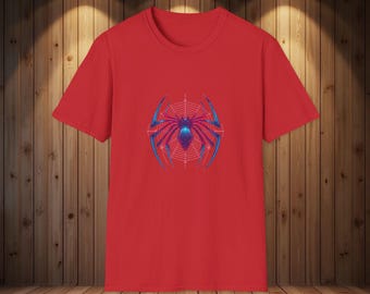 ネオンスパイダーヒーロー胸プリントTシャツ、未来的なクモのエンブレムTシャツ