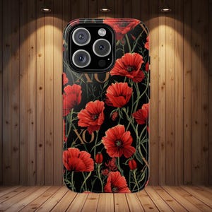 Custodia per telefono con fiore di papavero rosso: elegante cover floreale nera