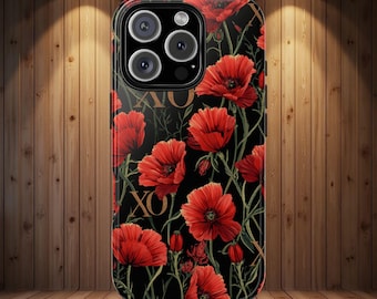 Funda para teléfono con diseño de amapola roja, cubierta botánica floral negra, elegante diseño botánico.