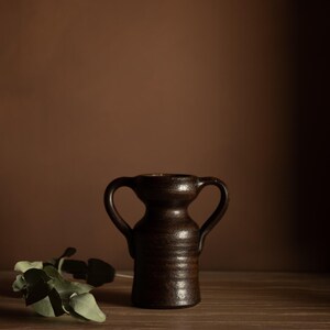May include: A dark brown ceramic vase with two handles. The vase has a textured surface and a small opening at the top. A sprig of green leaves rests on a wooden surface in front of the vase.