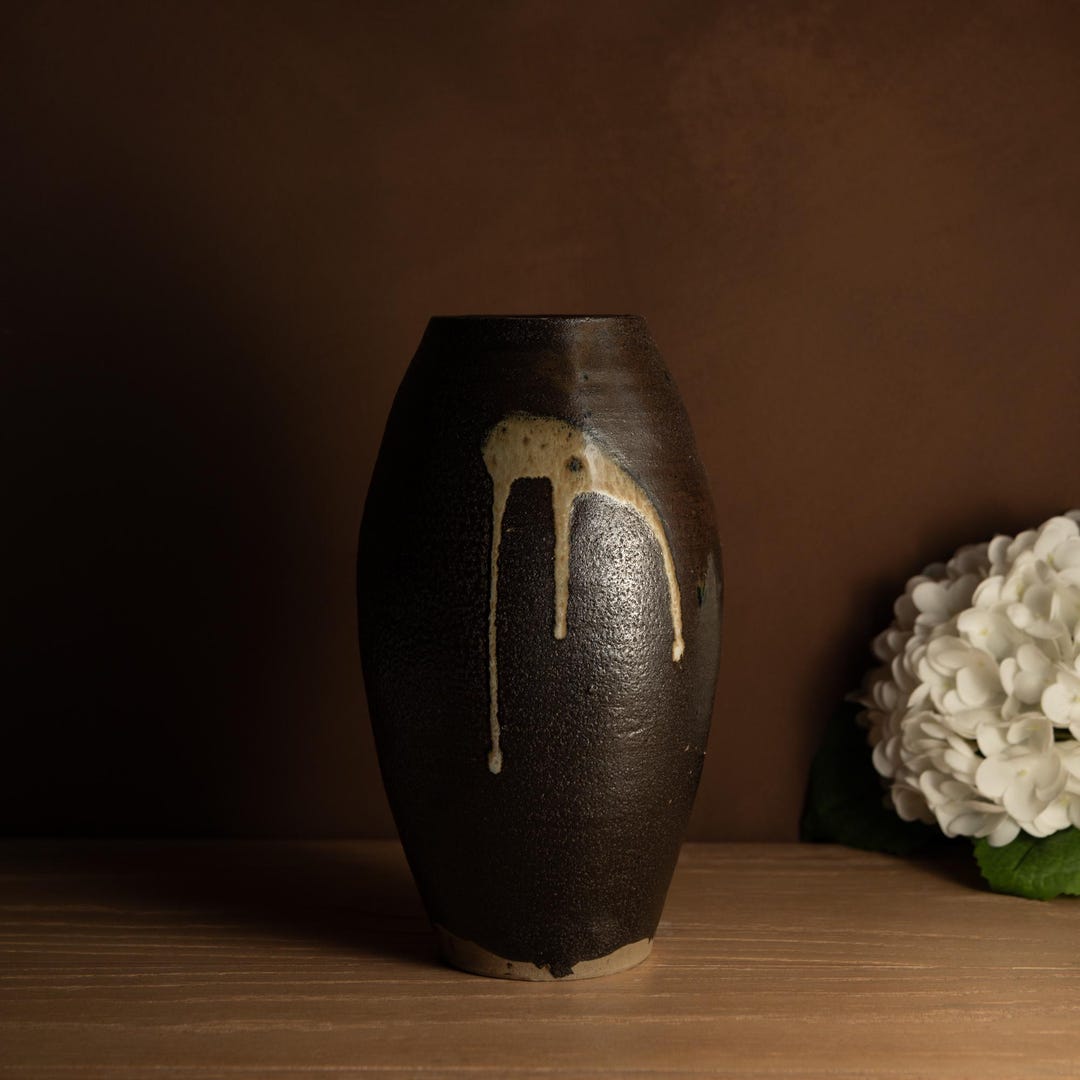 Vintage Studio Pottery Vase · Dark Brown Drip Glaze Ceramic Vase · Mid ...