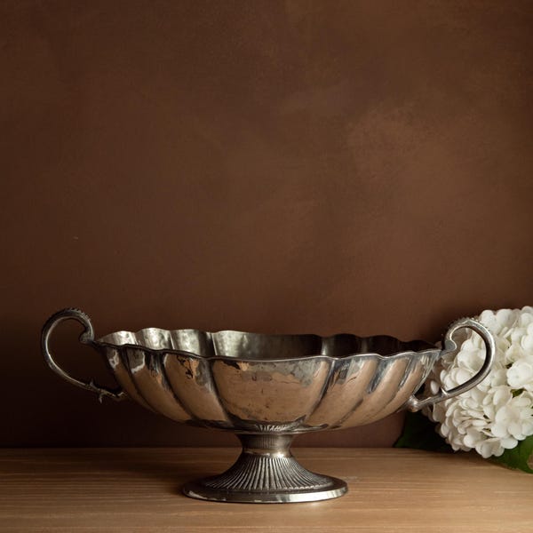 Vintage Silver-Plated Hammered Centerpiece Bowl, Footed Scalloped Serving Bowl with Handles