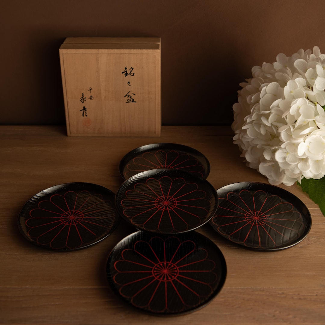 Vintage Japanese Lacquer Coasters Set of 5 • Black Red