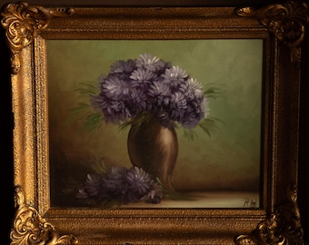 Vintage Floral Oil Painting • Purple Chrysanthemums, Gilded Frame