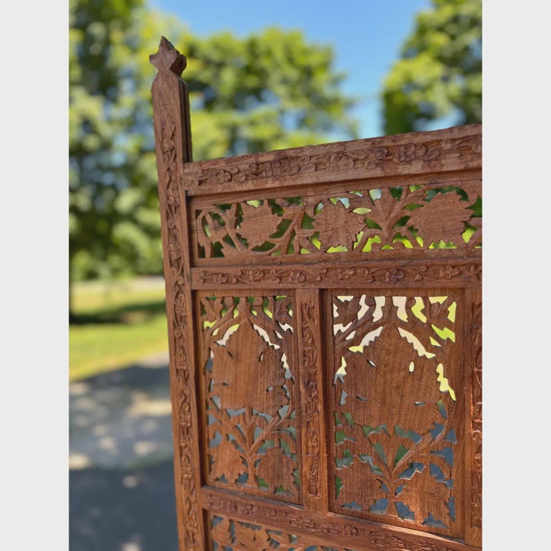 Image showcasing Vintage Carved Wood Room Divider Screen – 3 Panel Moroccan Fretwork ...