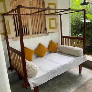 Vintage Jak Wood Travel Bed with Satin Canopy: Antique Four Poster