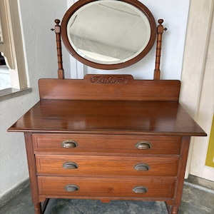 Vintage Burma Teak Dressing Table: Colonial Antique Vanity with Beveled Mirror