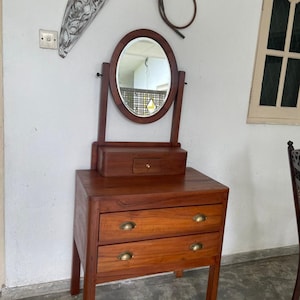 Vintage Burma Teak Dressing Table: Colonial Vanity with Oval Beveled Mirror