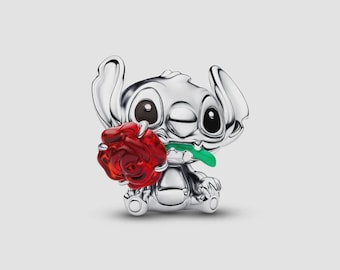 Disney Stitch Rose Murano-glasberlock, minimalistisk berlockpärla i 925 sterlingsilver, kompatibel med Pandora-armband, present till henne