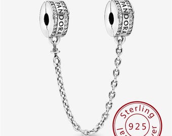 Logotyp säkerhetskedja berlock, 925 sterlingsilver minimalistisk berlockpärla, kompatibel med Pandora armband, present