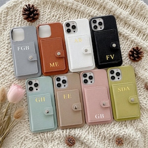 Personalized Leather iPhone Wallet Case, Custom Initials, Card Slot